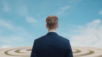 Businessman Standing Before Maze Shaped Like Dollar Symbol Under Blue Sky Reflecting Financial Challenge and Opportunity Concept photo
