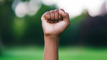 Raised Fist Gesture in Nature Background Symbolizing Unity Empowerment and Cultural Heritage in Natural Setting with Defocused Greenery and Bokeh Effects Outdoor Scene Demonstrating Strength photo