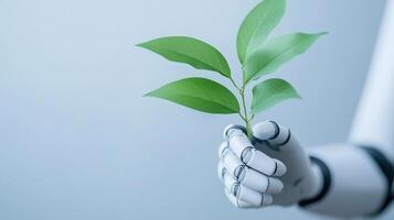 Robotic hand holding a green plant stem with leaves on a light background Futuristic concept of technology and sustainability photo