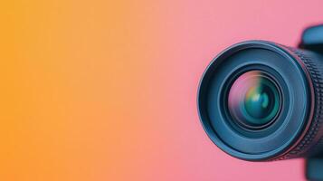 Close Up Shot of Camera Lens with Exposed Aperture Blades on Vibrant Gradient Background, Highlighting Photography Equipment and Artistic Composition photo
