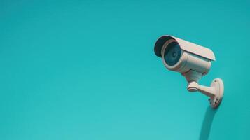 Surveillance camera mounted on a turquoise wall Modern security technology concept for safety and monitoring Studio photography with copy space for design and print photo