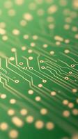 Extreme Close Up of Green Printed Circuit Board with Electronic Lines Focusing on Chip Connections and Components in High Detail for Technology and Engineering Concepts photo