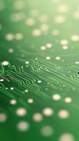 Extreme Close Up of Green Printed Circuit Board with Electronic Traces and Components in Abstract Technology Style, Highlighting Modern Engineering and Innovation in Integrated Circuit Design photo
