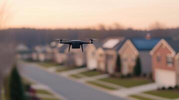 Drone Delivering Packages Over Suburban Neighborhood at Sunrise with Houses and Trees Blurred in Background for Modern Technology and Delivery Concept photo