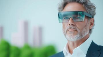 Man in Augmented Reality Glasses Analyzing Futuristic City Model with Green Background for Technology and Innovation Concept in Business Environment photo