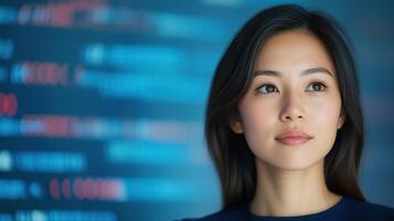 Portrait of Asian Female Digital Entrepreneur with Code Background Showcasing Innovation, Leadership, and Technology in Modern Business Environment for Startup Success and Growth Opportunities photo