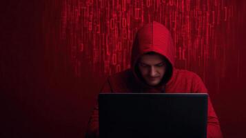 Cybersecurity Hacker in Red Hoodie Typing on Laptop with Digital Binary Code on Red Background for Technology and Security Concept photo