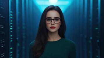 Professional Female IT Specialist in Modern Data Center with Servers and Blue Ambient Lighting photo