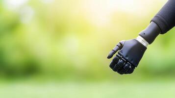 Modern Prosthetic Limb in Nature Scene Demonstrating Technological Advancement and Inclusivity, Highlighting Human Interaction with Innovation in a Peaceful Outdoor Setting with Soft Focus Background photo