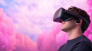 Young Man Immersed in Virtual Reality with Headset Against Vibrant Pink Fantasy Background, Cloudscape, Dreamlike Experience, Technology Trend, Future Gaming, Serene Expression, Digital Escape photo