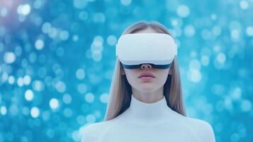 Futuristic Woman in White Experiencing Virtual Reality with Headset Against Abstract Blue Bokeh Background, Wearing Sleek Outfit, Innovative Technology Concept, Modern Tech Experience photo