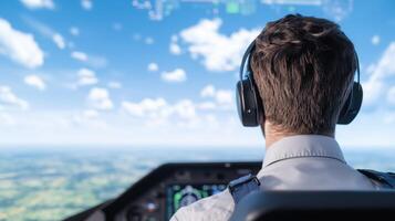 Pilot in Virtual Reality Cockpit with Immersive Flight Simulation and VR Headset for Modern Aviation Training Against Clear Sky photo