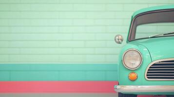 Front Part of Green Vintage Car Being Refueled at Retro Gas Station with Mint Brick Background Wall Scene photo