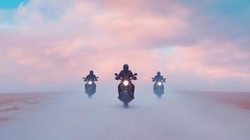 Group of Motorcyclists Riding at High Speed on Open Road with Dramatic Sky and Soft Light for Adventure and Freedom Concept photo