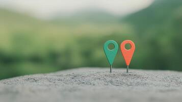 Colorful Geolocation Markers on Concrete Surface Against Blurred Green Landscape Background for Navigation and Location Concepts photo