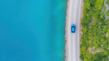 Aerial View of Vibrant Blue Car on Scenic Coastal Road by Pristine Mediterranean Waters and Lush Greenery photo