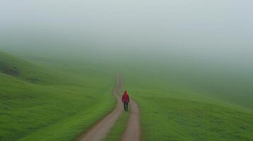 Back View of Person in Red Jacket Walking on Foggy Countryside Road with Lush Green Fields and Misty Atmosphere photo