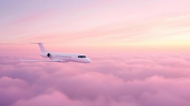 maravilloso aéreo ver de privado chorro altísimo encima lozano cúmulo nubes en pastel rosado puesta de sol cielo foto