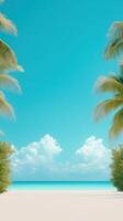 Tropical beach with palm trees framing a turquoise ocean under a bright blue sky with fluffy white clouds Idyllic and serene coastal landscape for design and print photo