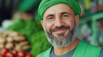 Green Screen Panel and Falafel Street Vendor Cart with Fresh Produce in Vibrant Urban Setting photo
