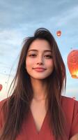 Portrait of a Smiling Woman at Loy Krathong Festival with Sky Lanterns During Sunset Capturing Joy, Tradition, and Cultural Festivity Against a Beautiful Sky Background photo