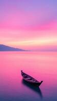 Long Tail Boat on Tranquil Pink Sea at Sunset with Tourists, Surrounded by Pastel Sky and Silhouette of Distant Mountains in Serene Tropical Destination Travel Photography photo