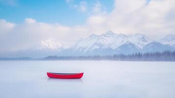 Tranquil Winter Mountain Landscape with Red Canoe on Snowy Lake Under Cloudy Blue Sky photo