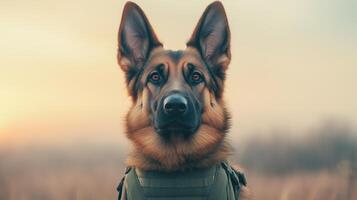 Military Working Dog in Uniform and Vest Standing Alert in Natural Setting at Sunrise or Sunset photo