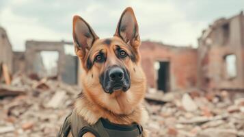 Military Working Dog in Uniform Amidst Ruins Ready for Duty in Warzone Symbolizes Strength Loyalty And Protection photo