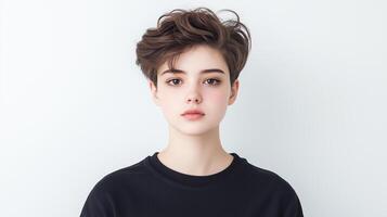 Portrait of Agender Person With Short Hair and Minimalist Style on White Background Expressing Calmness and Confidence photo