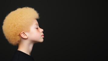 Profile Portrait of Young Person with Albinism on Black Background Highlighting Unique Features and Natural Beauty photo