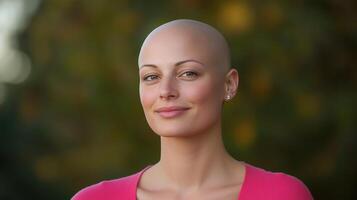 Woman with Alopecia Smiling Confidently in Soft Light Wearing Pink Against Natural Green Background photo