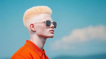 Stylish Portrait of a Person with Albinism in Vibrant Orange Against Clear Blue Sky, Emphasizing Unique Features and Modern Fashion Trends with Sunglasses photo