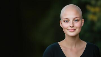 Woman with Alopecia Smiling Confidently Against Dark Background in Natural Light Embracing Beauty and Empowerment photo