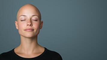 Woman With Alopecia Embracing Her Baldness in Emotional Portrait on Grey Background Symbolizing Confidence and Acceptance With Eyes Closed and Serene Expression Capturing Inner Peace and Beauty photo