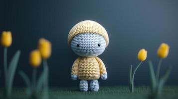 Amigurumi Style Minimalism Raw Doll Among Yellow Tulips in Soft Focus Effect on Dark Background, Capturing Intricate Handcrafted Crochet Details for Creative Design and Art Inspiration photo