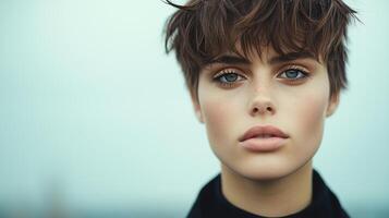 Androgynous Beauty Portrait with Freckles and Tousled Hair Against Soft Background in High Fashion Style for Modern Elegance and Gender Neutral Concepts photo