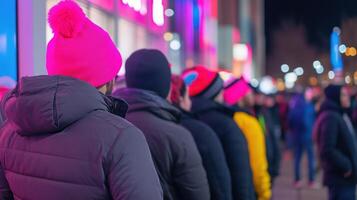 Black Friday Shoppers Standing in Line Outside Store at Night with Colorful Hats and Winter Coats in Vibrant Neon Light photo