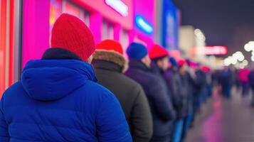Black Friday Shoppers Eagerly Waiting Outside a Store in Winter Evening for Sales Deals and Discounts photo