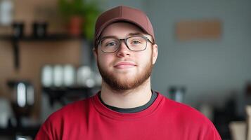 Young Man with Beard and Glasses Wearing Cap and Red Shirt in Cozy Cafe Setting, Smiling and Confidently Facing Camera, Warm Ambient Lighting in Background photo