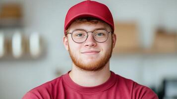 Young Man With Down Syndrome Wearing Red Cap and Glasses Smiling in Casual Shirt in a Modern Room Environment With Soft Focus and Warm Lighting Full Frontal Portrait Style Indoors photo