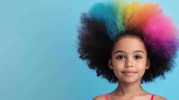 Child Celebrating Diversity With Colorful Afro Hair Against Blue Background Embracing Inclusion and Creativity in Portrait Photography photo