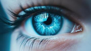 Close-Up of Blue Human Eye with Detailed Iris Patterns in High Resolution, Featuring Vivid Colors and Sharp Focus for Medical and Artistic Purposes photo
