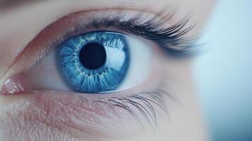 Close Up of Blue Human Eye Showing Intricate Iris Patterns and Detailed Eyelashes in High-Resolution Photography for Medical and Artistic Purposes, Highlighting Unique Eye Structures and Textures photo