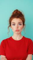 Portrait of Confused Woman Expressing Uncertainty in Red Shirt on Turquoise Background, Highlighting Quirky Expression and Curiosity photo