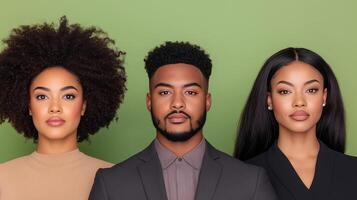 Three Professionals with Coily and Straight Hairstyles Against Green Background for Corporate and Diversity Theme photo