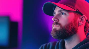 Colorist in a Dark Studio Using Modern Techniques with Vibrant Neon Lighting and Artistic Expression for Creative Projects photo