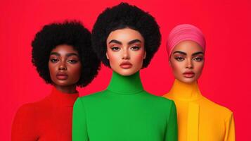 Diverse Complexions Highlighted in Vibrant Fashion with Bold Colors and Striking Makeup on Red Background photo