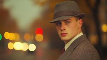 Stylish Autumn Evening Portrait of Man in Vintage Suit with Hat Amidst City Lights photo
