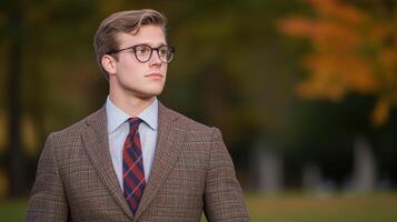 Stylish Young Man in Plaid Suit and Glasses Standing Outdoors on an Autumn Evening with Fall Foliage in the Background photo